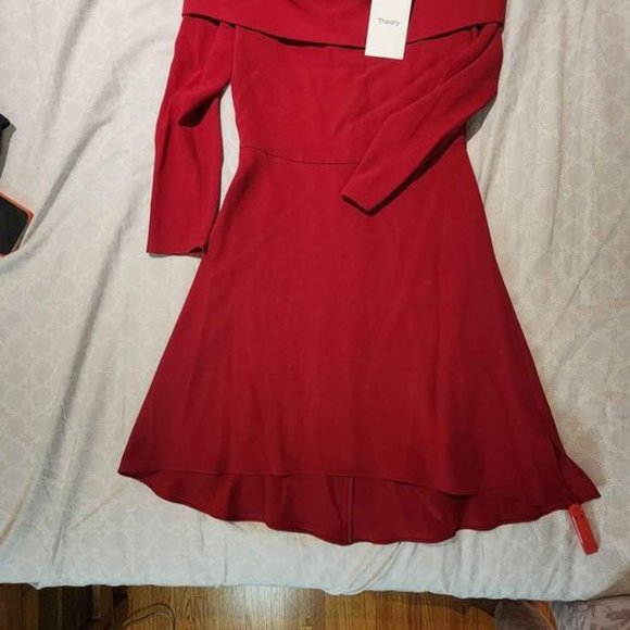 Theory Kensington Red Off Shoulder Quarter Length Midi A-Line Dress - Picture 3 of 4